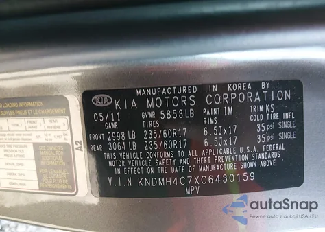 2012 Kia Sedona Ex z USA, uszkodzony, nr VIN KNDMH4C7XC6430159